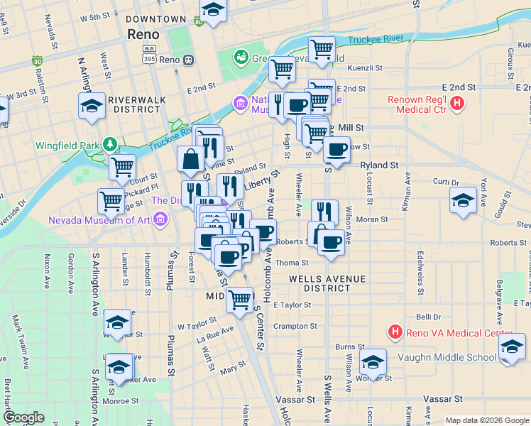map of restaurants, bars, coffee shops, grocery stores, and more near 312 Stewart Street in Reno