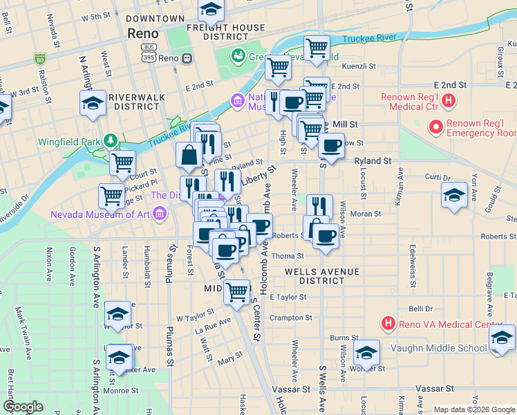map of restaurants, bars, coffee shops, grocery stores, and more near 312 Stewart Street in Reno