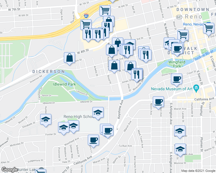 map of restaurants, bars, coffee shops, grocery stores, and more near 1037 Jones Street in Reno