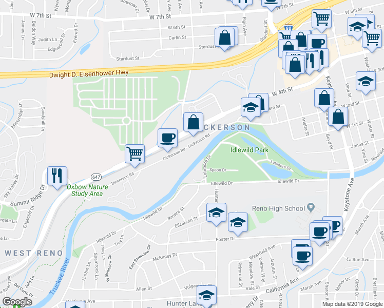 map of restaurants, bars, coffee shops, grocery stores, and more near 2204 Dickerson Road in Reno