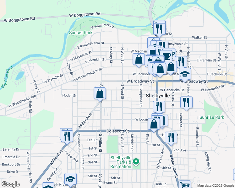 map of restaurants, bars, coffee shops, grocery stores, and more near 201 West Hendricks Street in Shelbyville