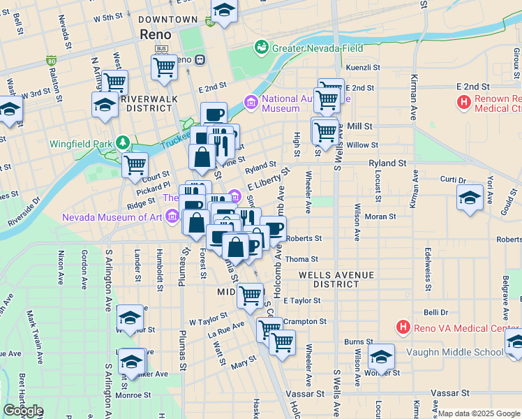 map of restaurants, bars, coffee shops, grocery stores, and more near 450 Sinclair Street in Reno