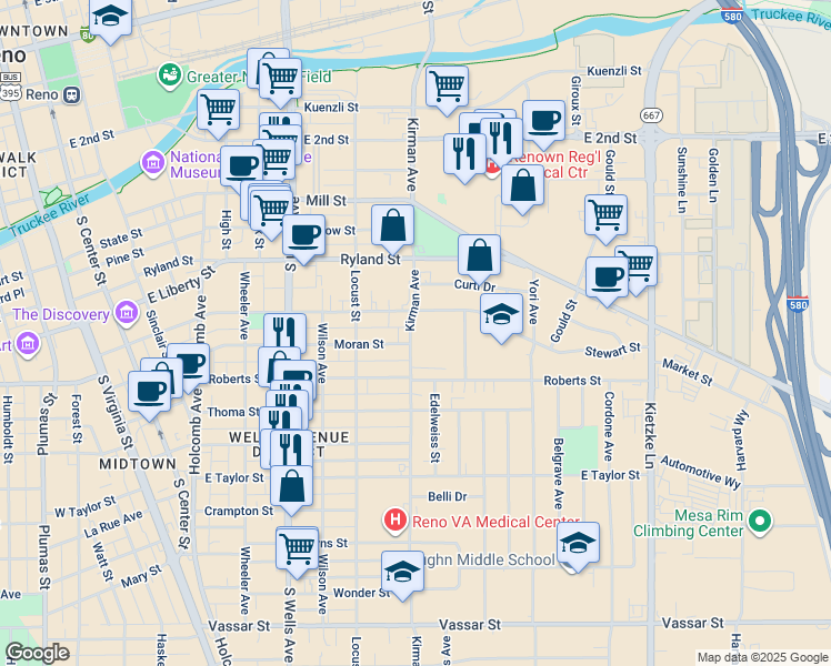map of restaurants, bars, coffee shops, grocery stores, and more near 802 Stewart Street in Reno