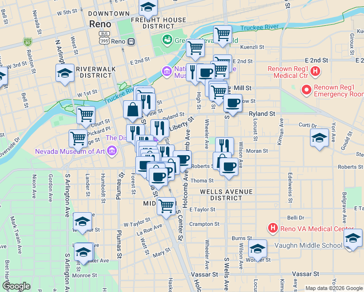 map of restaurants, bars, coffee shops, grocery stores, and more near 312 Stewart Street in Reno