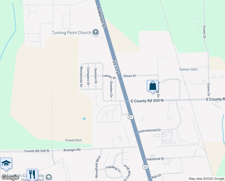 map of restaurants, bars, coffee shops, grocery stores, and more near 3073 Dowden Drive in Franklin