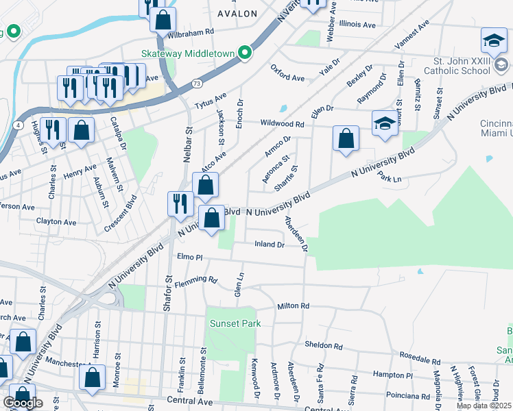 map of restaurants, bars, coffee shops, grocery stores, and more near 810 North University Boulevard in Middletown