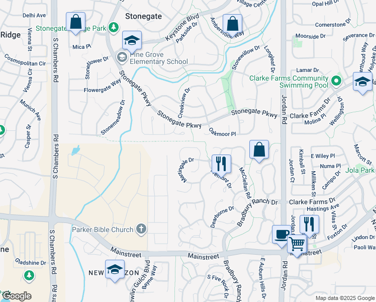 map of restaurants, bars, coffee shops, grocery stores, and more near 10748 Appaloosa Court in Parker