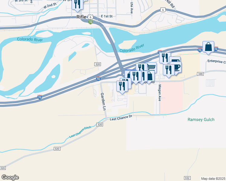 map of restaurants, bars, coffee shops, grocery stores, and more near 705 Taugenbaugh Boulevard in Rifle