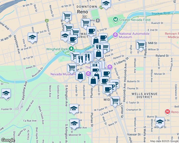 map of restaurants, bars, coffee shops, grocery stores, and more near 135 West Liberty Street in Reno