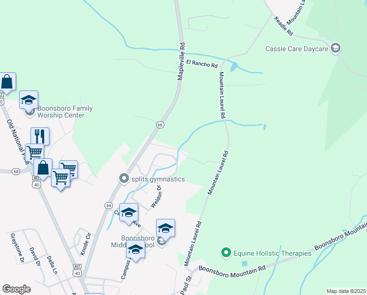 map of restaurants, bars, coffee shops, grocery stores, and more near 7525 Mapleville Road in Boonsboro