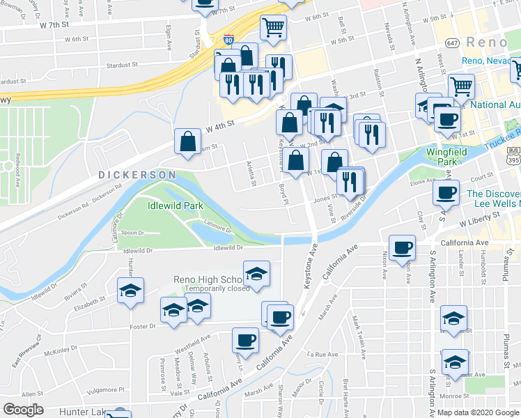 map of restaurants, bars, coffee shops, grocery stores, and more near 1167 Jones Street in Reno