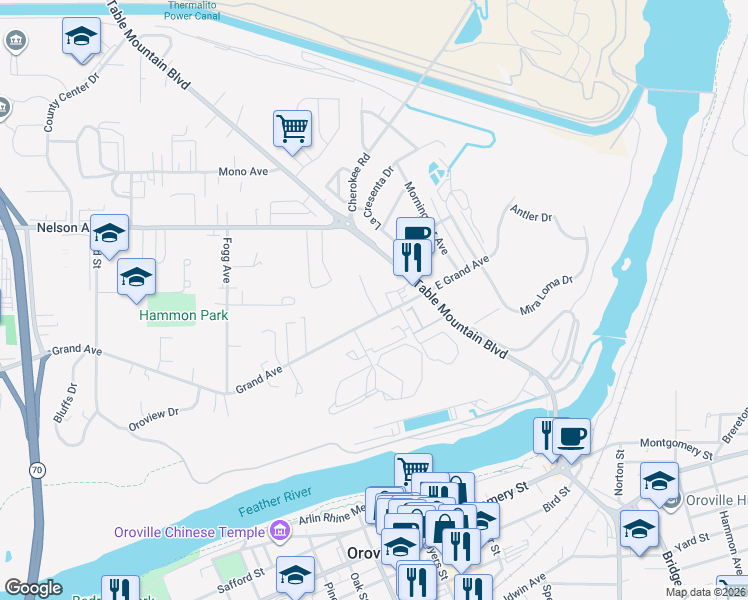 map of restaurants, bars, coffee shops, grocery stores, and more near 18 Grand Avenue in Oroville