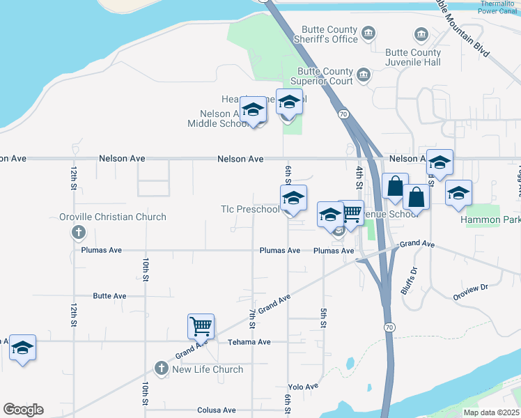 map of restaurants, bars, coffee shops, grocery stores, and more near 679 Siskiyou Avenue in Oroville
