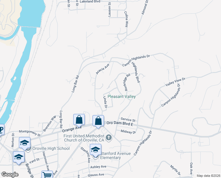 map of restaurants, bars, coffee shops, grocery stores, and more near 39 Linda Drive in Oroville