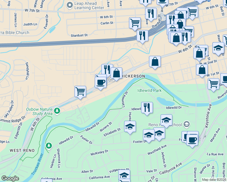 map of restaurants, bars, coffee shops, grocery stores, and more near 2186 Dickerson Road in Reno