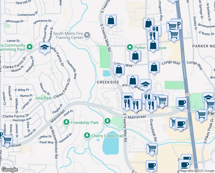 map of restaurants, bars, coffee shops, grocery stores, and more near 10787 South Twenty Mile Road in Parker