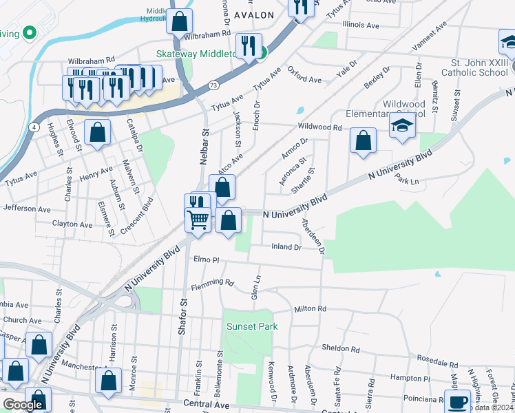 map of restaurants, bars, coffee shops, grocery stores, and more near 705 Richardson Drive in Middletown