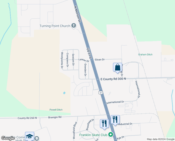 map of restaurants, bars, coffee shops, grocery stores, and more near 3073 Dowden Drive in Franklin