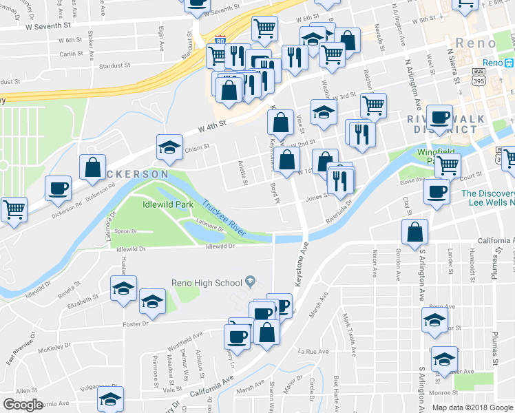 map of restaurants, bars, coffee shops, grocery stores, and more near 1159 Jones Street in Reno