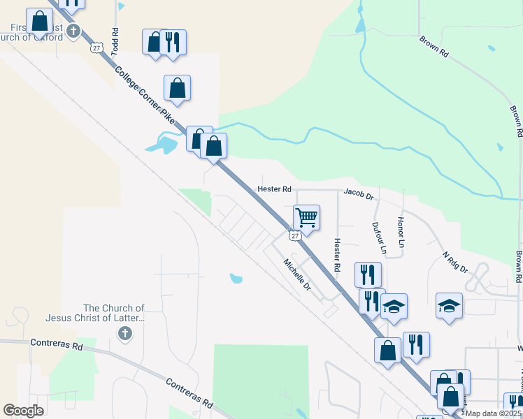 map of restaurants, bars, coffee shops, grocery stores, and more near 5359 College Corner Pike in Oxford