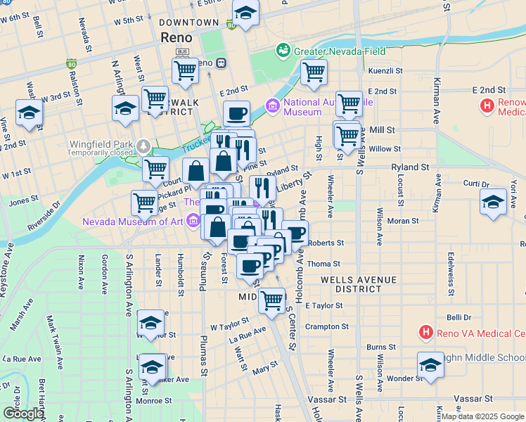 map of restaurants, bars, coffee shops, grocery stores, and more near in Reno