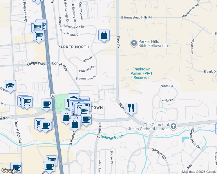 map of restaurants, bars, coffee shops, grocery stores, and more near 20007 Briarwood Court in Parker