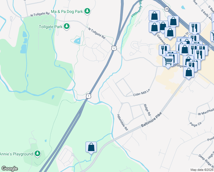 map of restaurants, bars, coffee shops, grocery stores, and more near 20 Hillendale Road in Bel Air