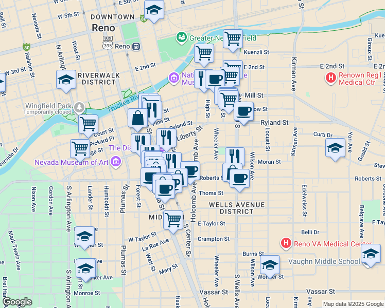map of restaurants, bars, coffee shops, grocery stores, and more near 409 Holcomb Avenue in Reno