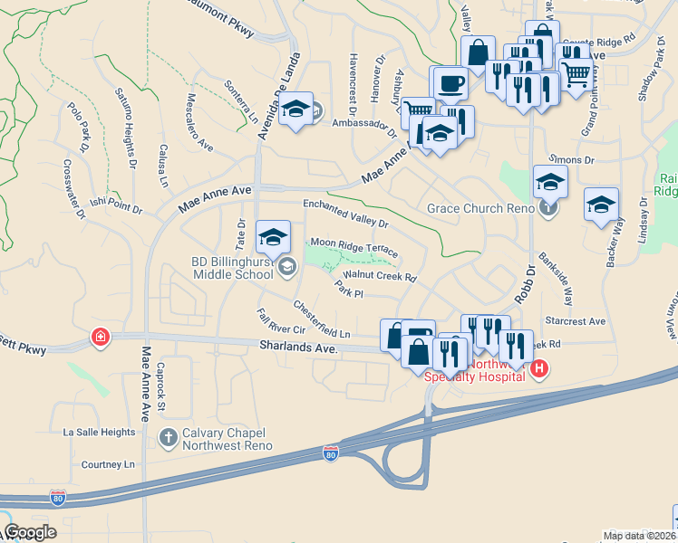 map of restaurants, bars, coffee shops, grocery stores, and more near 6420 Park Place in Reno