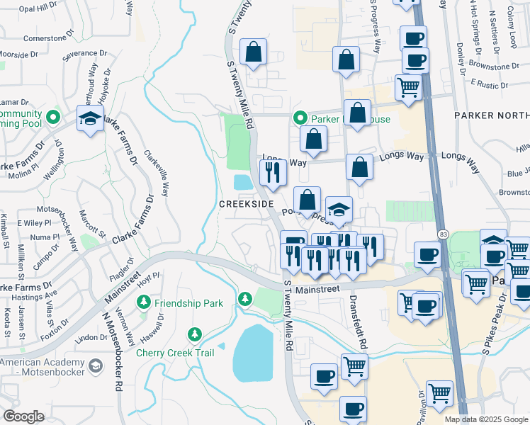 map of restaurants, bars, coffee shops, grocery stores, and more near 10843 South Twenty Mile Road in Parker