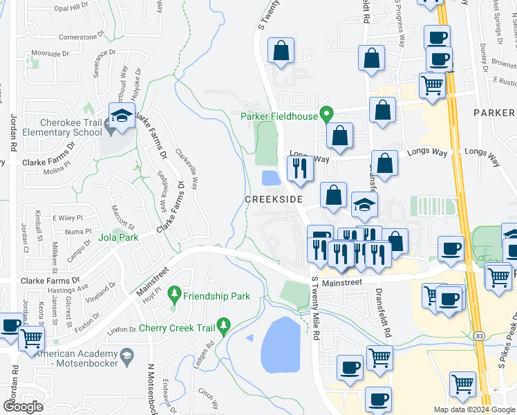 map of restaurants, bars, coffee shops, grocery stores, and more near 10787 South Twenty Mile Road in Parker