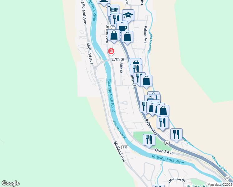 map of restaurants, bars, coffee shops, grocery stores, and more near 2914 Grand Avenue in Glenwood Springs