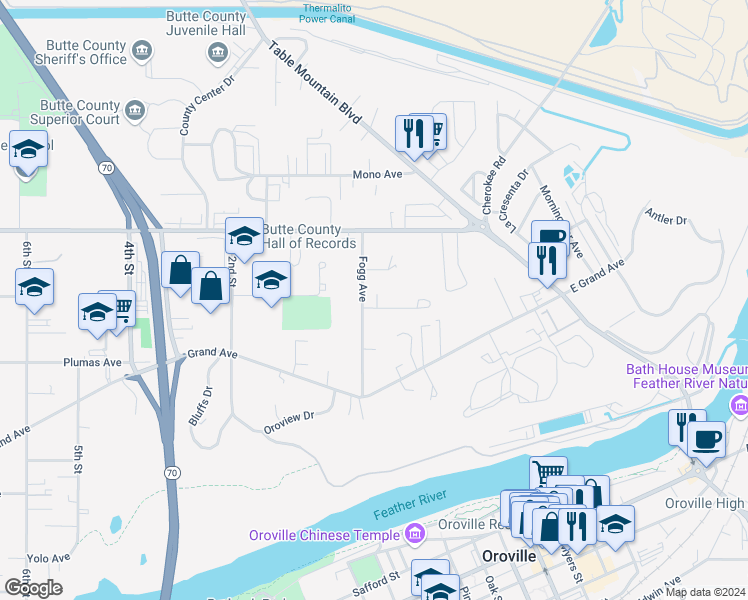 map of restaurants, bars, coffee shops, grocery stores, and more near 76 Gaylor Avenue in Oroville