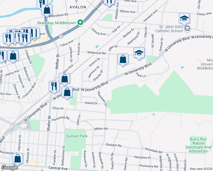map of restaurants, bars, coffee shops, grocery stores, and more near 905 North University Boulevard in Middletown