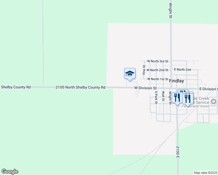 map of restaurants, bars, coffee shops, grocery stores, and more near 2100 North Shelby County Road in Findlay