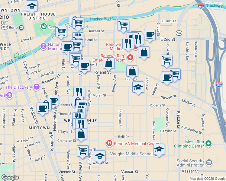 map of restaurants, bars, coffee shops, grocery stores, and more near 802 Stewart Street in Reno