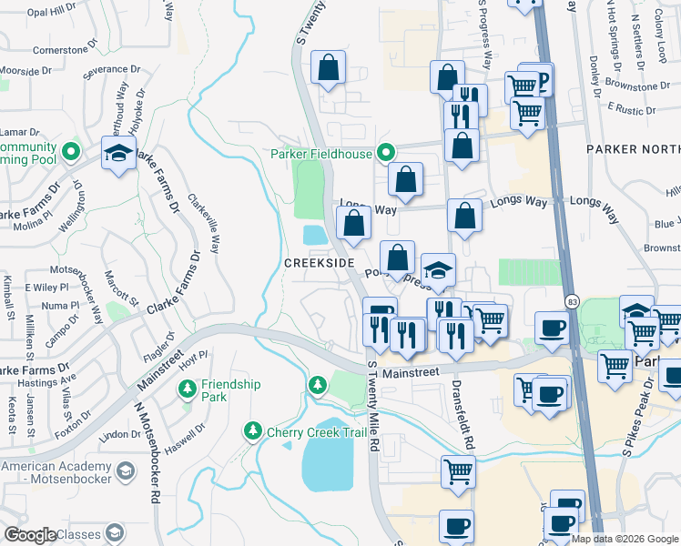 map of restaurants, bars, coffee shops, grocery stores, and more near 10843 South Twenty Mile Road in Parker