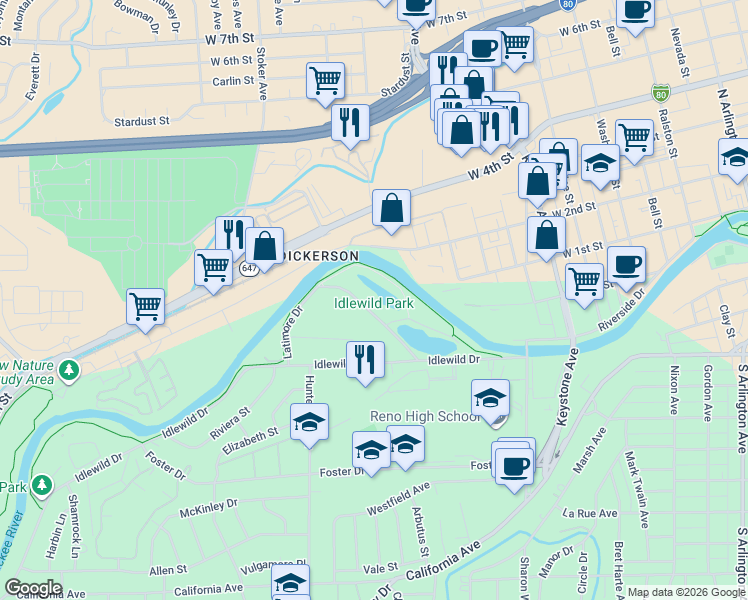 map of restaurants, bars, coffee shops, grocery stores, and more near 2055 Idlewild Drive in Reno