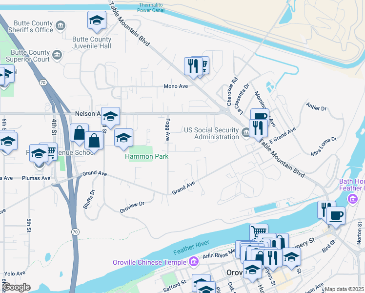 map of restaurants, bars, coffee shops, grocery stores, and more near 76 Gaylor Avenue in Oroville