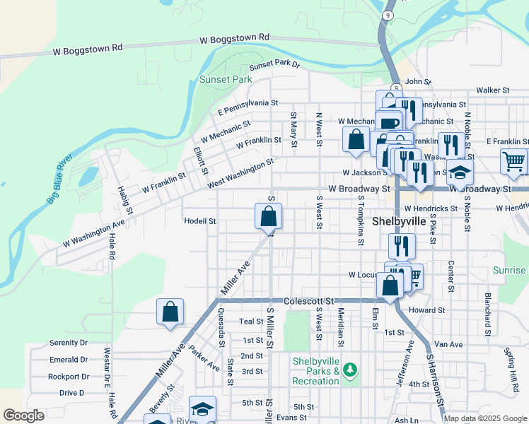 map of restaurants, bars, coffee shops, grocery stores, and more near 407 West Hendricks Street in Shelbyville