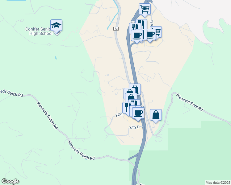 map of restaurants, bars, coffee shops, grocery stores, and more near 26944 Rascal Lane in Conifer