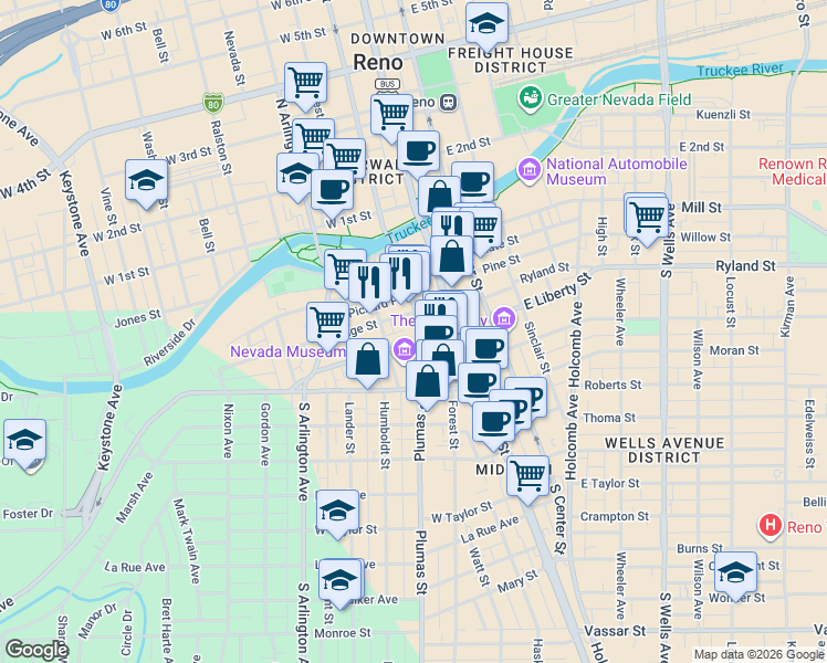map of restaurants, bars, coffee shops, grocery stores, and more near 315 North Sierra Street in Reno