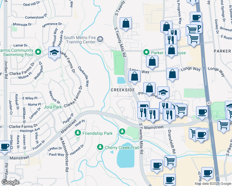 map of restaurants, bars, coffee shops, grocery stores, and more near 10787 South Twenty Mile Road in Parker