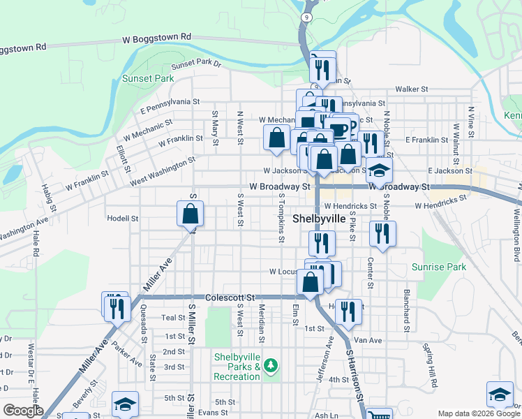 map of restaurants, bars, coffee shops, grocery stores, and more near 133 West Hendricks Street in Shelbyville