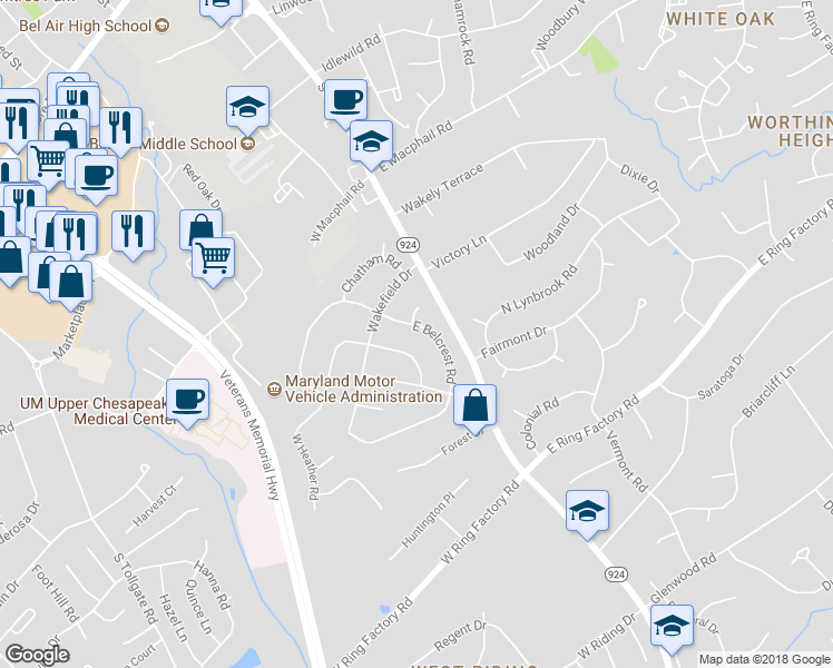 map of restaurants, bars, coffee shops, grocery stores, and more near 208 E Belcrest Rd in Bel Air