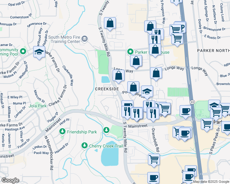 map of restaurants, bars, coffee shops, grocery stores, and more near 10841 Twenty Mile Road in Parker