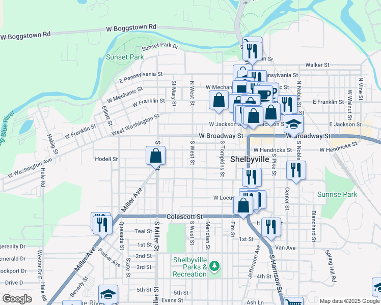 map of restaurants, bars, coffee shops, grocery stores, and more near 201 West Hendricks Street in Shelbyville