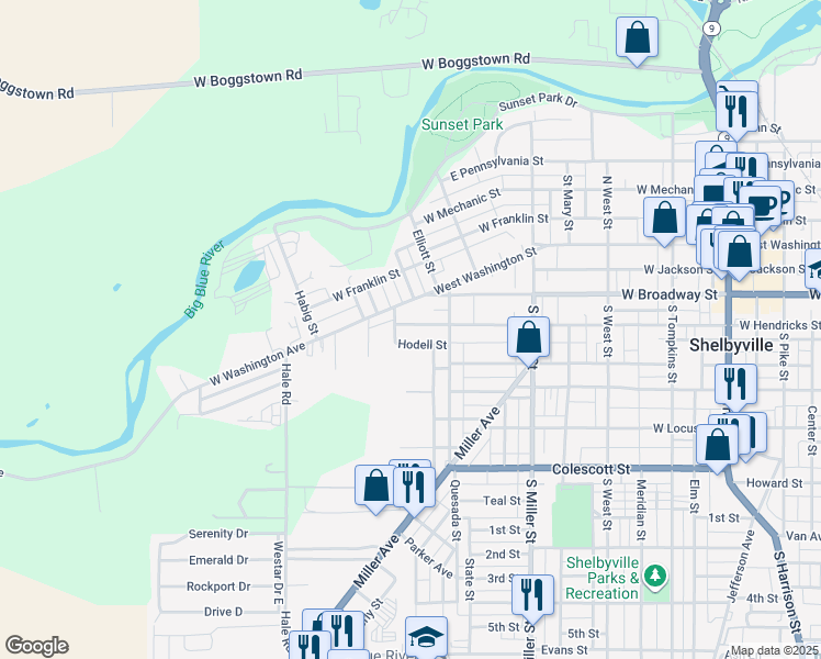 map of restaurants, bars, coffee shops, grocery stores, and more near 541 West Hendricks Street in Shelbyville