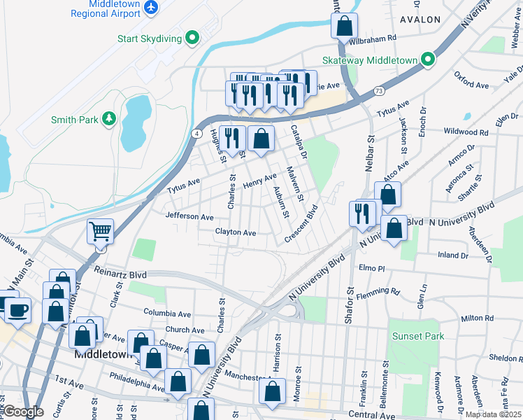 map of restaurants, bars, coffee shops, grocery stores, and more near 718 Elsmere Street in Middletown