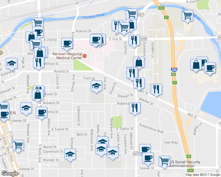 map of restaurants, bars, coffee shops, grocery stores, and more near 671 Gould Street in Reno